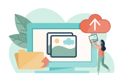 illustration organizing and uploading photos into computer/cloud