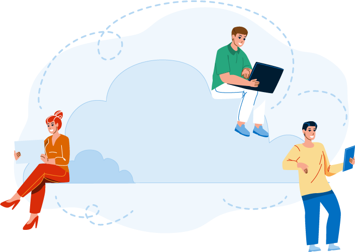 three people uploading from different devices into cloud