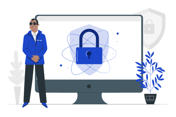 illustration of security standing in front of desktop