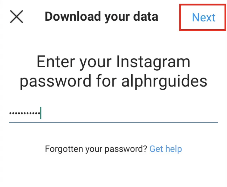Download your data screen with password required on an Android device.