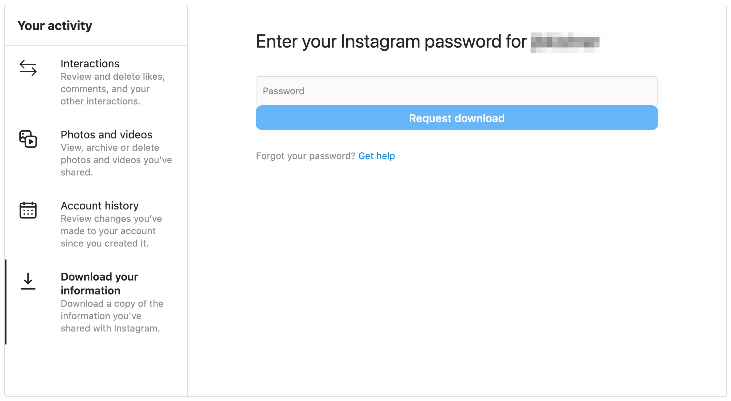 Instagram screen on Mac desktop asking to enter your Instagram password to request download.