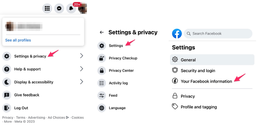 Facebook screens for settings