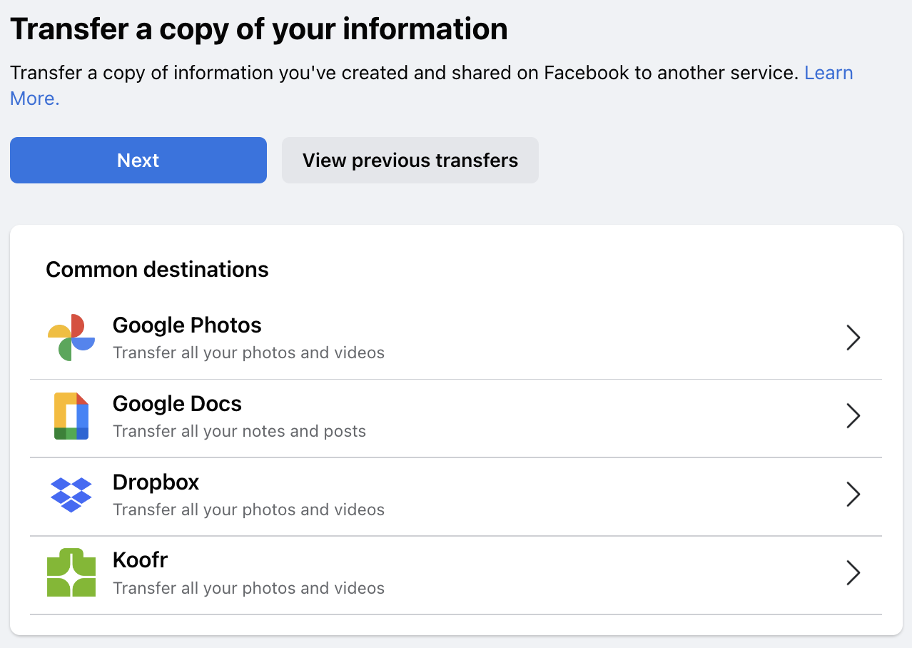 Transfer a copy of your information screen on Facebook