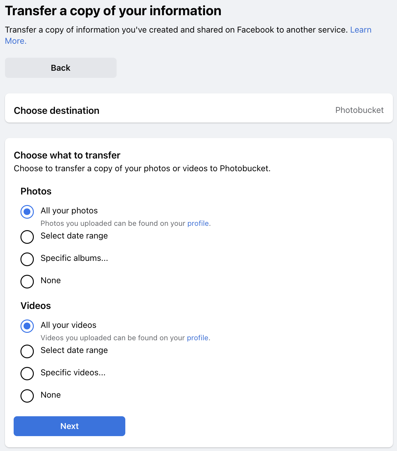 Transfer a copy of your information screen in Facebook