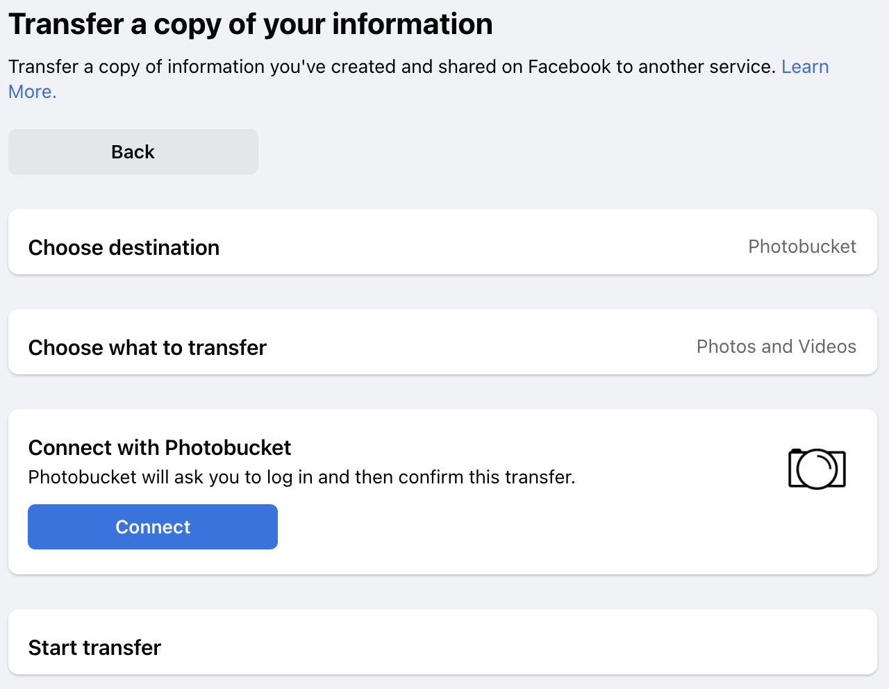 Transfer a copy of your information screen on Facebook