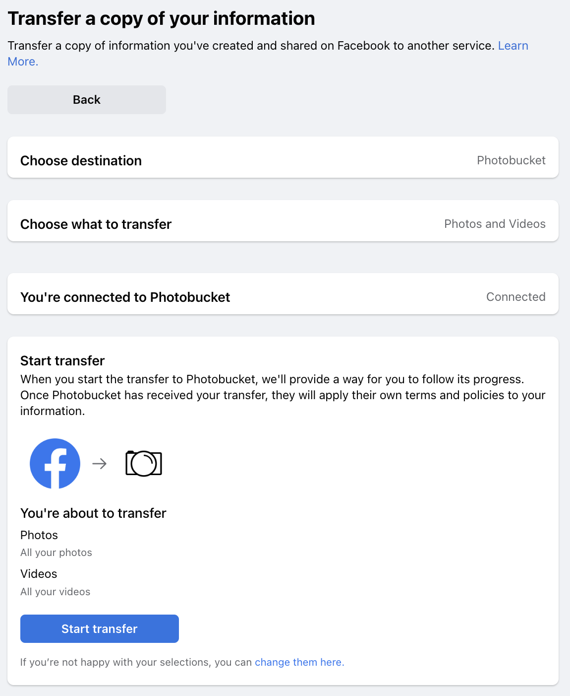 Transfer a copy of your information screen on Facebook with a prompt to Start transfer.